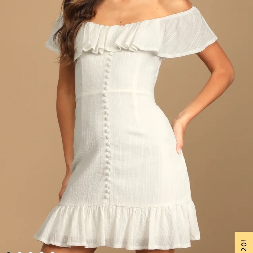 Lulu’s White Off-the-Shoulder Button-Front Mini Dress